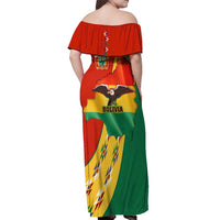 Bolivia Flag Color Off Shoulder Maxi Dress with National Crest, Andean Pattern and Condor Graphic