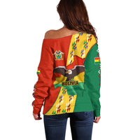 Bolivia Flag Color Off Shoulder Sweater with National Crest, Andean Pattern and Condor Graphic