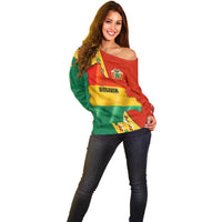 Bolivia Flag Color Off Shoulder Sweater with National Crest, Andean Pattern and Condor Graphic