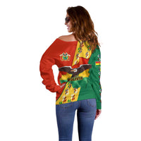 Bolivia Flag Color Off Shoulder Sweater with National Crest, Andean Pattern and Condor Graphic