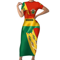 Bolivia Flag Color Short Sleeve Bodycon Dress with National Crest, Andean Pattern and Condor Graphic