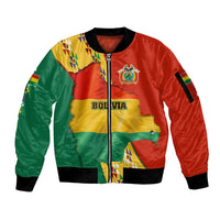 Bolivia Flag Color Sleeve Zip Bomber Jacket with National Crest, Andean Pattern and Condor Graphic