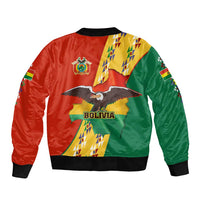 Bolivia Flag Color Sleeve Zip Bomber Jacket with National Crest, Andean Pattern and Condor Graphic