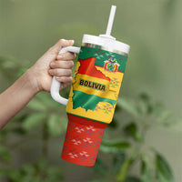 Bolivia Flag Color Tumbler With Handle with National Crest, Andean Pattern and Condor Graphic