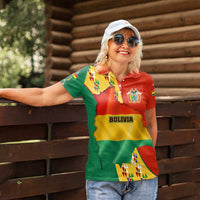Bolivia Flag Color Women Polo Shirt with National Crest, Andean Pattern and Condor Graphic