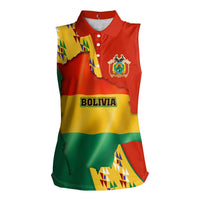 Bolivia Flag Color Women Sleeveless Polo Shirt with National Crest, Andean Pattern and Condor Graphic