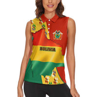 Bolivia Flag Color Women Sleeveless Polo Shirt with National Crest, Andean Pattern and Condor Graphic
