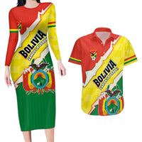 Bolivia Vamos La Verde Couples Matching Long Sleeve Bodycon Dress and Hawaiian Shirt with Flag Colors and National Football Crest
