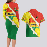 Bolivia Vamos La Verde Couples Matching Long Sleeve Bodycon Dress and Hawaiian Shirt with Flag Colors and National Football Crest