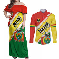 Bolivia Vamos La Verde Couples Matching Off Shoulder Maxi Dress and Long Sleeve Button Shirt with Flag Colors and National Football Crest