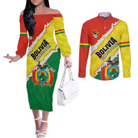 Bolivia Vamos La Verde Couples Matching Off The Shoulder Long Sleeve Dress and Long Sleeve Button Shirt with Flag Colors and National Football Crest