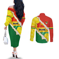Bolivia Vamos La Verde Couples Matching Off The Shoulder Long Sleeve Dress and Long Sleeve Button Shirt with Flag Colors and National Football Crest