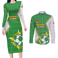 Personalized Bolivia La Verde Soccer Couples Matching Long Sleeve Bodycon Dress and Long Sleeve Button Shirt with Number and Flaming Ball Graphic
