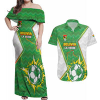 Personalized Bolivia La Verde Soccer Couples Matching Off Shoulder Maxi Dress and Hawaiian Shirt with Number and Flaming Ball Graphic