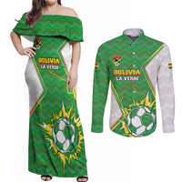 Personalized Bolivia La Verde Soccer Couples Matching Off Shoulder Maxi Dress and Long Sleeve Button Shirt with Number and Flaming Ball Graphic