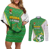Personalized Bolivia La Verde Soccer Couples Matching Off Shoulder Short Dress and Long Sleeve Button Shirt with Number and Flaming Ball Graphic