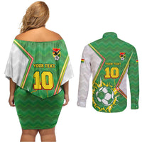 Personalized Bolivia La Verde Soccer Couples Matching Off Shoulder Short Dress and Long Sleeve Button Shirt with Number and Flaming Ball Graphic TS04