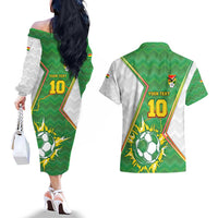 Personalized Bolivia La Verde Soccer Couples Matching Off The Shoulder Long Sleeve Dress and Hawaiian Shirt with Number and Flaming Ball Graphic TS04
