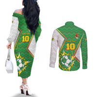 Personalized Bolivia La Verde Soccer Couples Matching Off The Shoulder Long Sleeve Dress and Long Sleeve Button Shirt with Number and Flaming Ball Graphic TS04