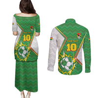 Personalized Bolivia La Verde Soccer Couples Matching Puletasi and Long Sleeve Button Shirt with Number and Flaming Ball Graphic TS04