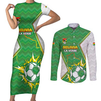 Personalized Bolivia La Verde Soccer Couples Matching Short Sleeve Bodycon Dress and Long Sleeve Button Shirt with Number and Flaming Ball Graphic