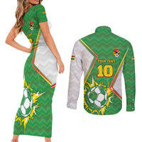 Personalized Bolivia La Verde Soccer Couples Matching Short Sleeve Bodycon Dress and Long Sleeve Button Shirt with Number and Flaming Ball Graphic TS04