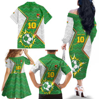 Personalized Bolivia La Verde Soccer Family Matching Off The Shoulder Long Sleeve Dress and Hawaiian Shirt with Number and Flaming Ball Graphic TS04