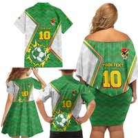 Personalized Bolivia La Verde Soccer Family Matching Off Shoulder Short Dress and Hawaiian Shirt with Number and Flaming Ball Graphic TS04