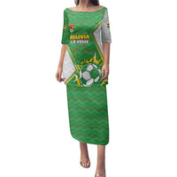 Personalized Bolivia La Verde Soccer Family Matching Puletasi and Hawaiian Shirt with Number and Flaming Ball Graphic