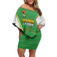 Personalized Bolivia La Verde Soccer Off Shoulder Short Dress with Number and Flaming Ball Graphic