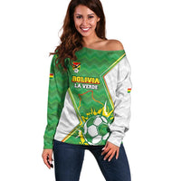 Personalized Bolivia La Verde Soccer Off Shoulder Sweater with Number and Flaming Ball Graphic