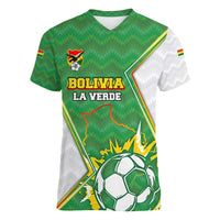 Personalized Bolivia La Verde Soccer Women V-Neck T-Shirt with Number and Flaming Ball Graphic