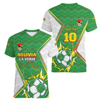 Personalized Bolivia La Verde Soccer Women V-Neck T-Shirt with Number and Flaming Ball Graphic TS04