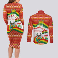 Bolivia Independence Day Couples Matching Long Sleeve Bodycon Dress and Long Sleeve Button Shirt with Flag Colors and August 6 Celebration Design
