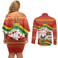 Bolivia Independence Day Couples Matching Off Shoulder Short Dress and Long Sleeve Button Shirt with Flag Colors and August 6 Celebration Design