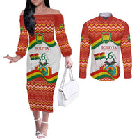 Bolivia Independence Day Couples Matching Off The Shoulder Long Sleeve Dress and Long Sleeve Button Shirt with Flag Colors and August 6 Celebration Design