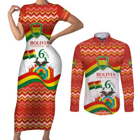 Bolivia Independence Day Couples Matching Short Sleeve Bodycon Dress and Long Sleeve Button Shirt with Flag Colors and August 6 Celebration Design