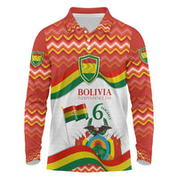 Bolivia Independence Day Long Sleeve Polo Shirt with Flag Colors and August 6 Celebration Design