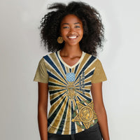 Freddie Stowers Women V-Neck T-Shirt Medal Of Honor Hero - Vintage Retro Sunburst - Military Valor Heritage
