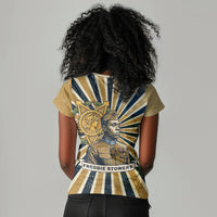 Freddie Stowers Women V-Neck T-Shirt Medal Of Honor Hero - Vintage Retro Sunburst - Military Valor Heritage