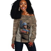 Freddie Stowers African American Off Shoulder Sweater Medal Of Honor Red Hand - Military Camouflage Striped World War I