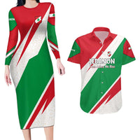 Lebanon Phoenix Couples Matching Long Sleeve Bodycon Dress and Hawaiian Shirt with Cedar Flag Colors and Inspirational Quote