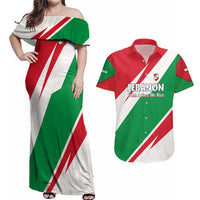 Lebanon Phoenix Couples Matching Off Shoulder Maxi Dress and Hawaiian Shirt with Cedar Flag Colors and Inspirational Quote