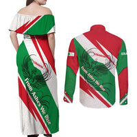 Lebanon Phoenix Couples Matching Off Shoulder Maxi Dress and Long Sleeve Button Shirt with Cedar Flag Colors and Inspirational Quote