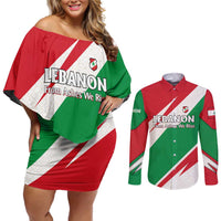 Lebanon Phoenix Couples Matching Off Shoulder Short Dress and Long Sleeve Button Shirt with Cedar Flag Colors and Inspirational Quote