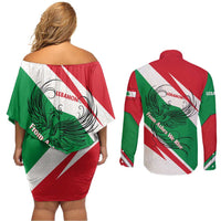 Lebanon Phoenix Couples Matching Off Shoulder Short Dress and Long Sleeve Button Shirt with Cedar Flag Colors and Inspirational Quote
