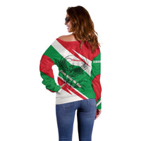 Lebanon Phoenix Off Shoulder Sweater with Cedar Flag Colors and Inspirational Quote