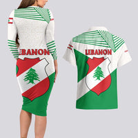 Lebanon Flag Shield Couples Matching Long Sleeve Bodycon Dress and Hawaiian Shirt with Cedar Emblem and National Colors