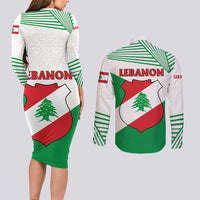 Lebanon Flag Shield Couples Matching Long Sleeve Bodycon Dress and Long Sleeve Button Shirt with Cedar Emblem and National Colors