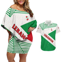 Lebanon Flag Shield Couples Matching Off Shoulder Short Dress and Hawaiian Shirt with Cedar Emblem and National Colors